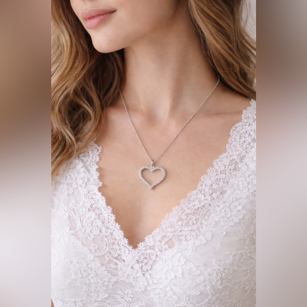 Silver Crystal Open Heart Pendant Necklace | Sterling Silver